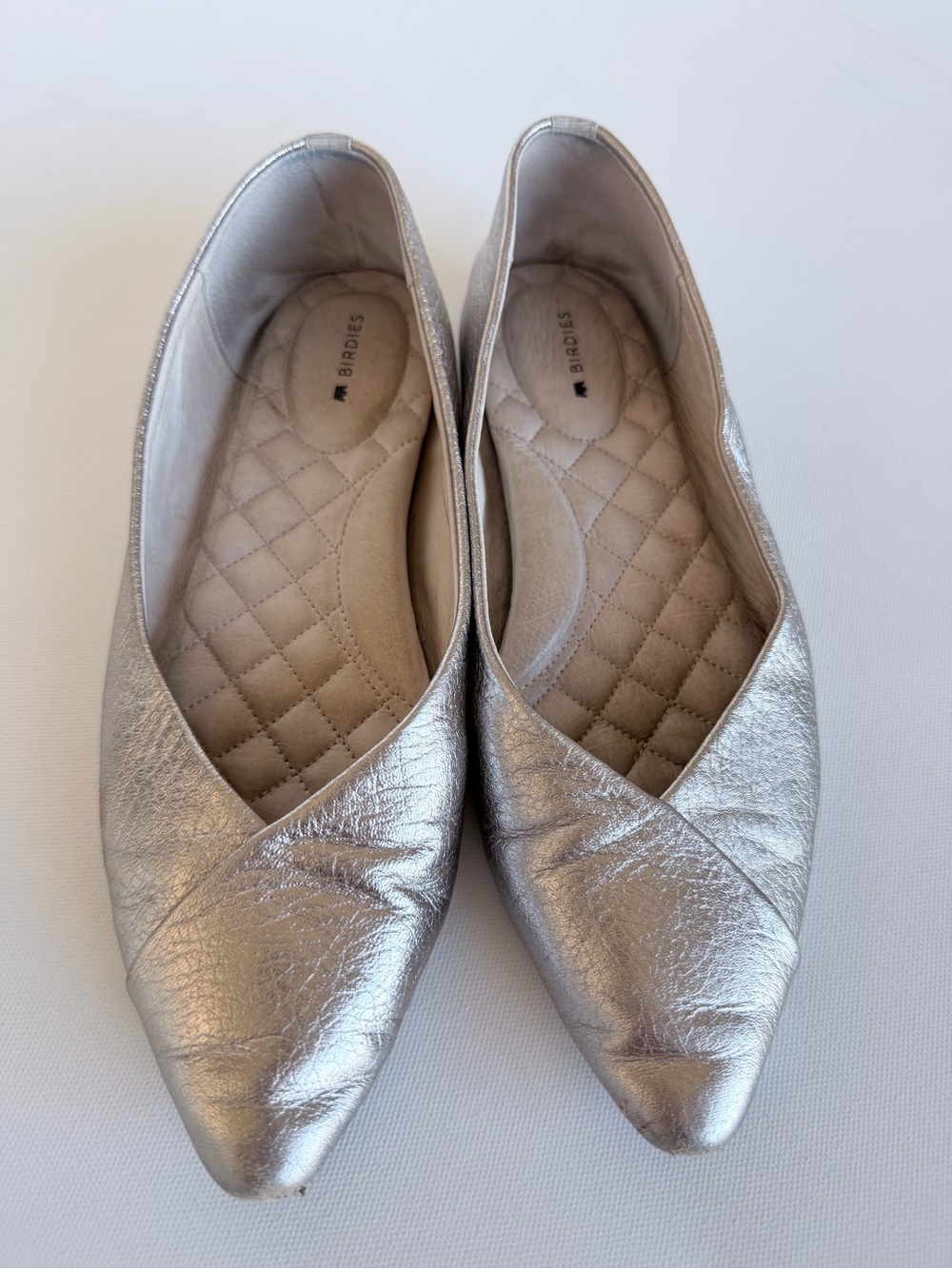 Birdies The Goldfinch Metallic Silver Leather Pointed Toe Flats 7.5